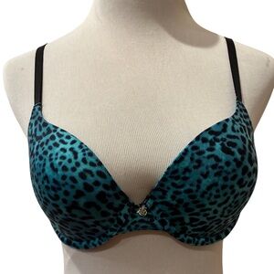 Betsey Johnson Bra 32D Blue Leopard Lined Underwire Multi-way Straps